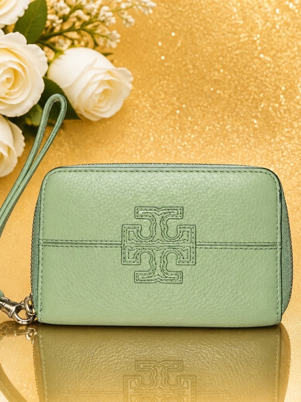 Tory Burch Mint Green Leather Wristlet Clutch